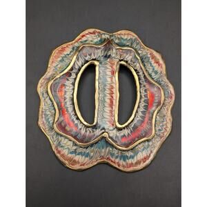 Vintage LUCIANO Signed Belt Buckle Large Brass Modernist Marbled Enamel 70s 80s